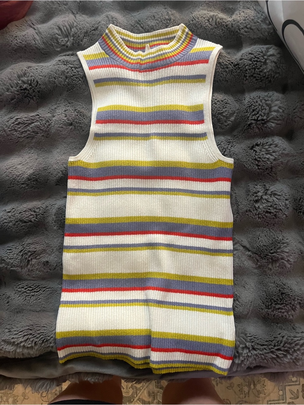 Moth Striped Ribbed Mock Neck Top - White, Yellow, Red & Gray